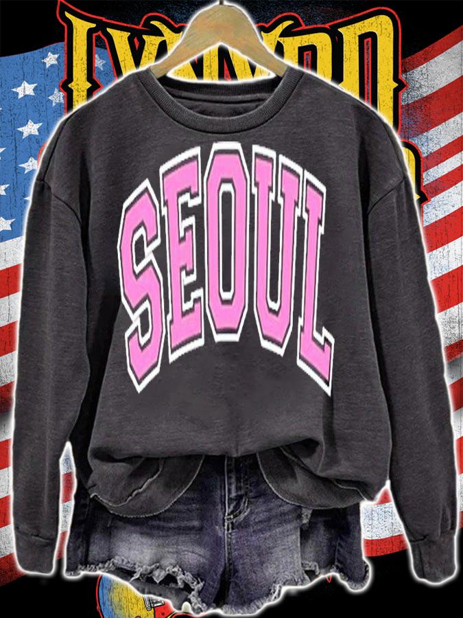 Seoul South Korea Varsity Style Pink Text T-Shirt
