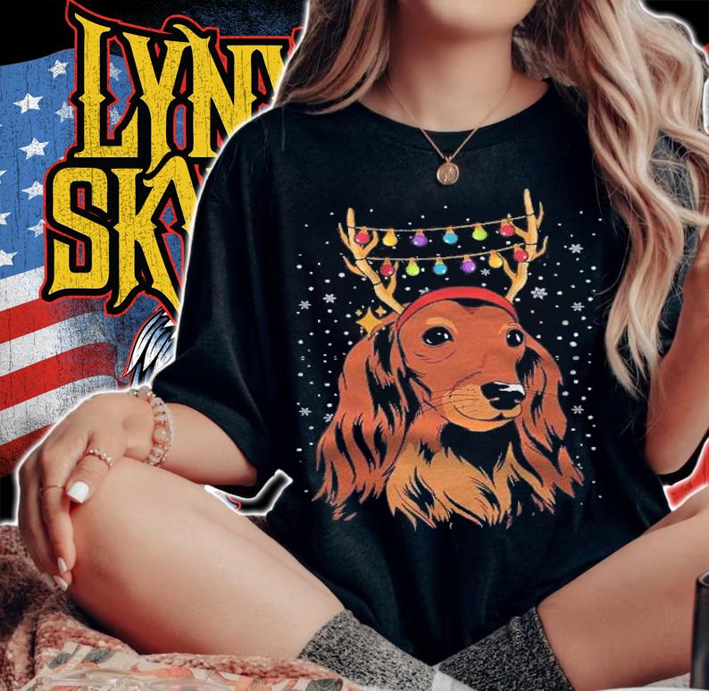 Dachshund Long Hair Reindeer Christmas Tree Lights Xmas Gift Shirt woman shirt