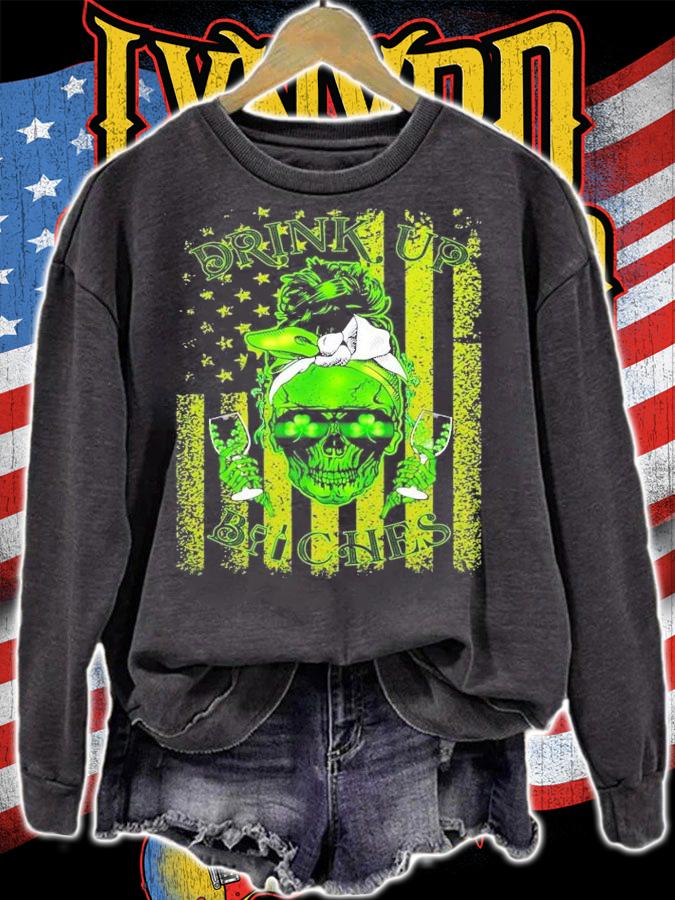 St.Patricks Day Skull drink up Bitches American Flag shirt sweatshirt