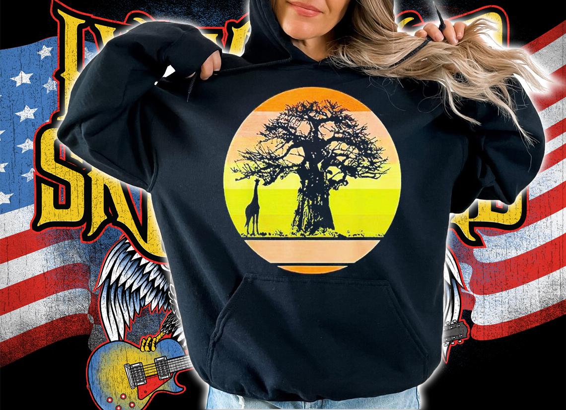 Baobab Tree and Giraffe retro African Sunset T-shirt