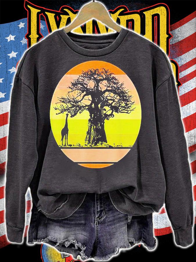 Baobab Tree and Giraffe retro African Sunset T-shirt