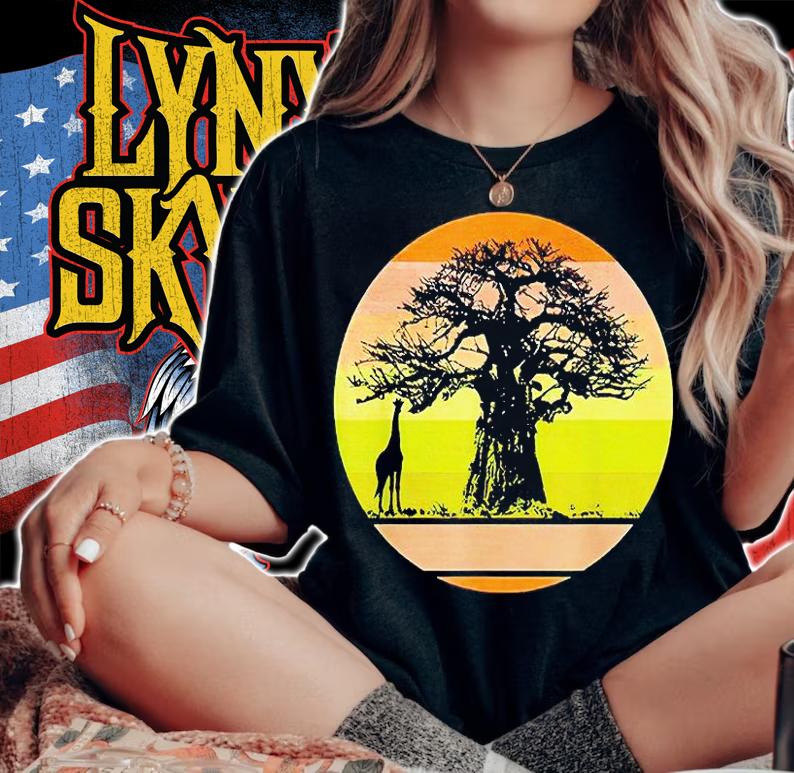 Baobab Tree and Giraffe retro African Sunset T-shirt