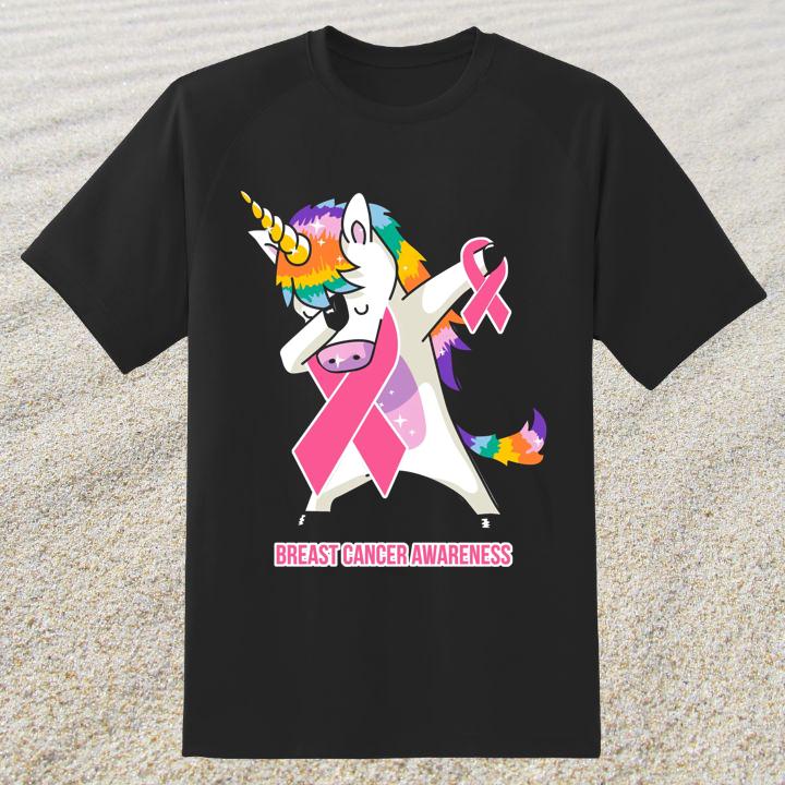 Pink Ribbon Dabbing Unicorn Breast Cancer Awareness T-Shirt