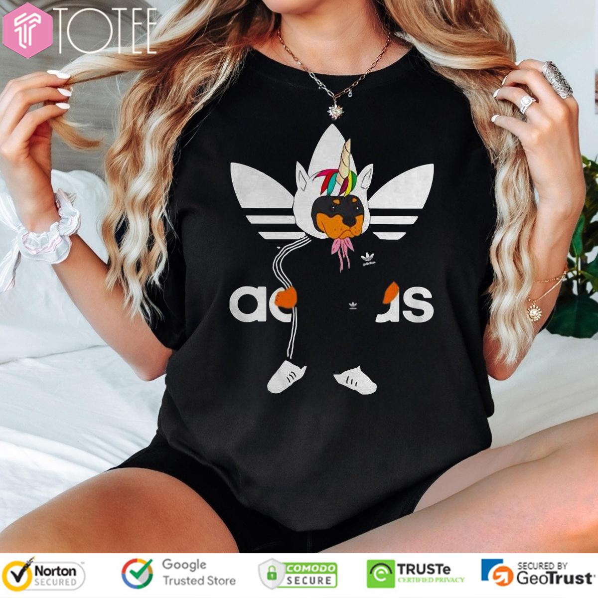 Rottweiler Wearing Unicorn Hat Parody Adidas Logo T-Shirt