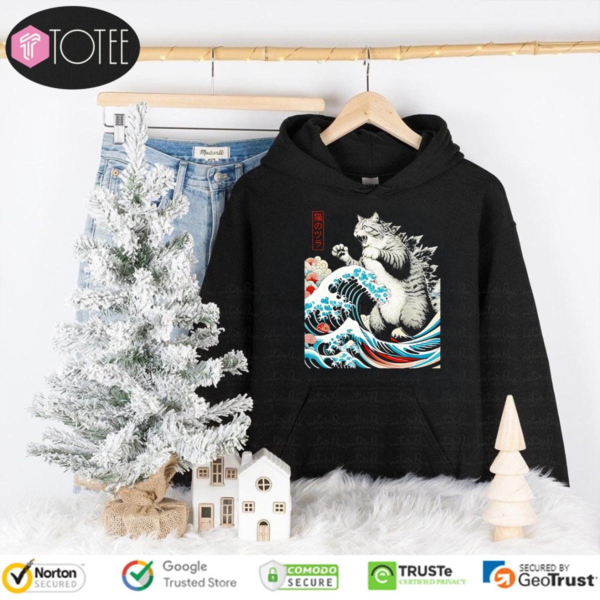 Catzilla Waves Ukiyo-E Parody Godzilla Cat Hoodie